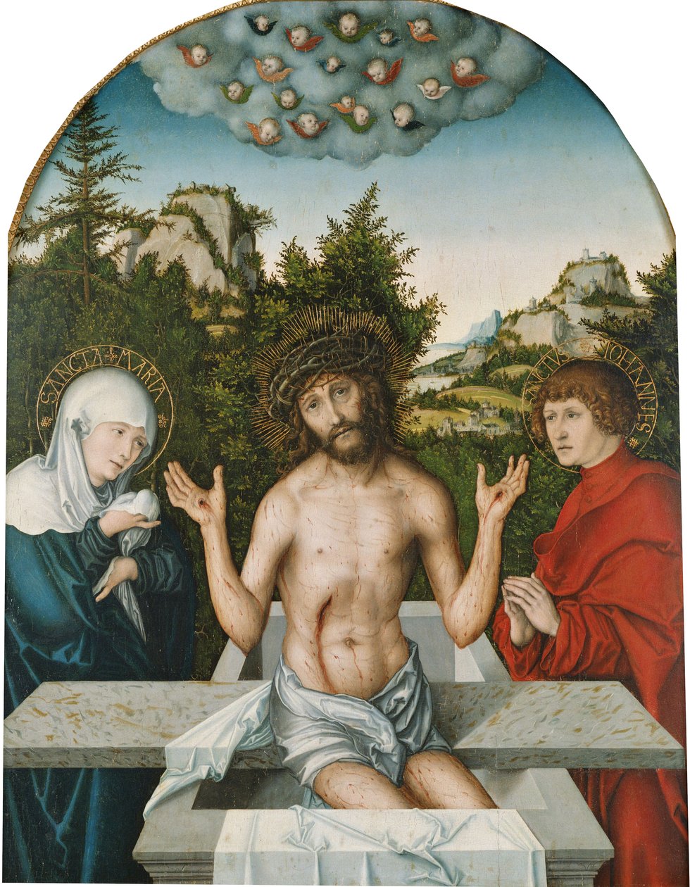 Pfirtscher altertavle: Kristus som Smertensmand, siddende på en sarkofag mellem Jomfru Maria og Johannes [centralt panel]. af Lucas Cranach the Elder