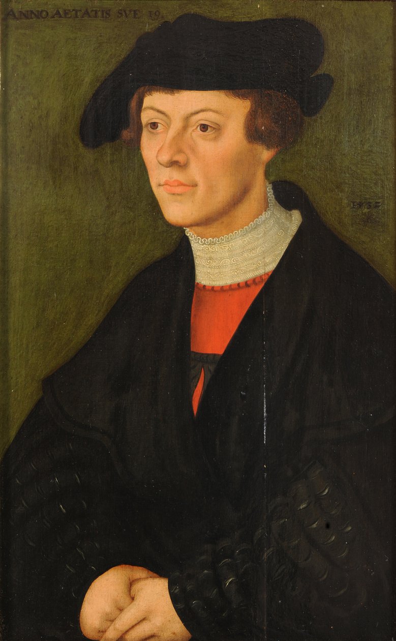 Portræt af en 19-årig ung mand i sort tøj af Lucas Cranach the Elder