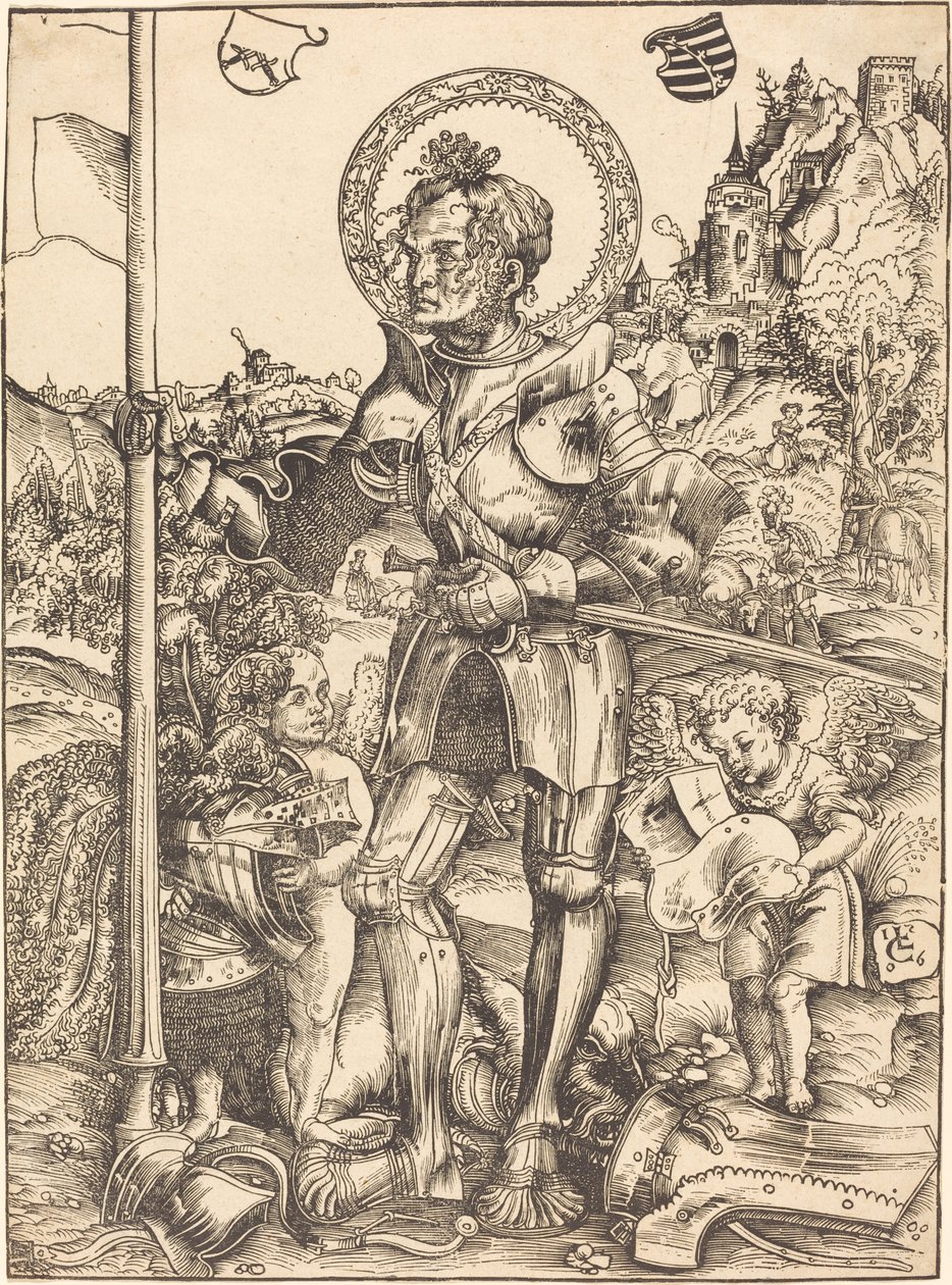 Saint George stående, med to engle af Lucas Cranach the Elder