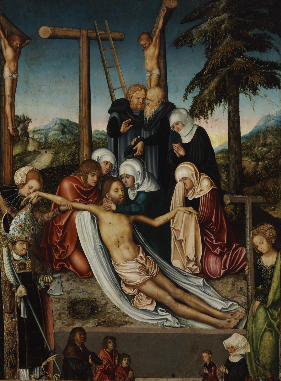 Klagesangen over Kristus med de hellige Wolfgang og Helena, ca. 1525 af Lucas Cranach the Elder