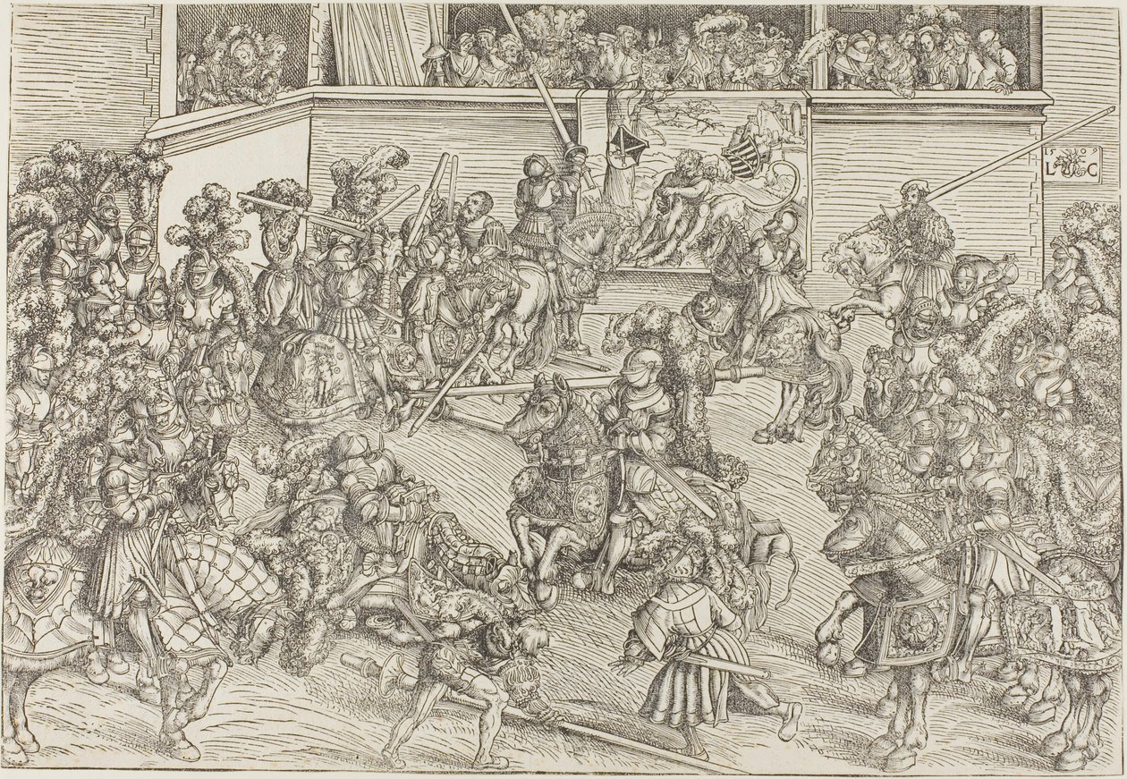Den anden turnering med et billedtæppe, der viser Samson og løven af Lucas Cranach the Elder