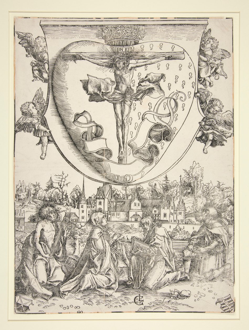 Jomfruen, Saint John, Saint Lawrence og Saint Roch med det hellige hjertes arme af Lucas Cranach the Elder