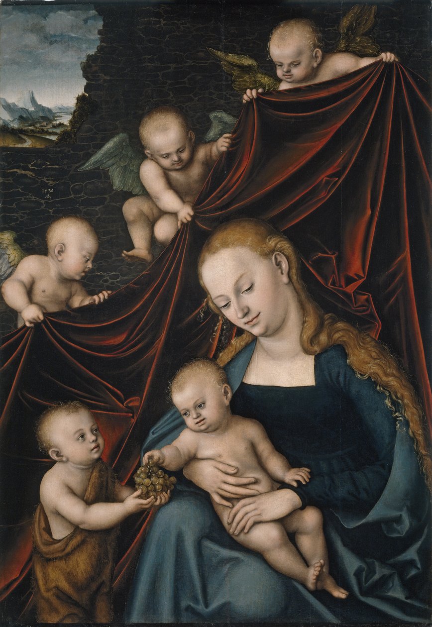 Jomfruen og barnet med Johannes og engle af Lucas Cranach the Elder