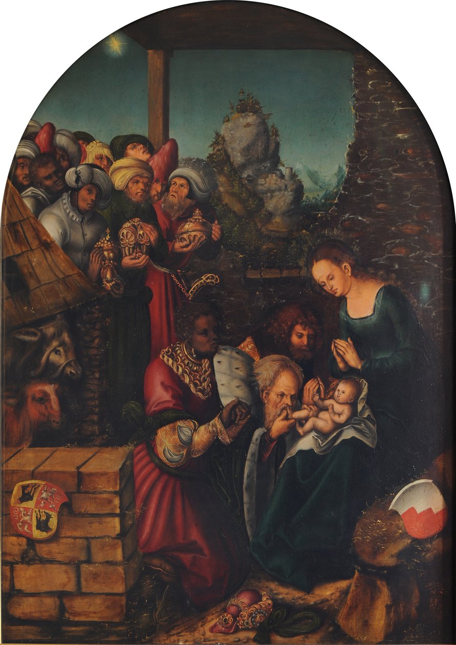 Tysk: Die Anbetung der Heiligen Drei Könige The Adoration of the Magi (De hellige tre kongers tilbedelse) af Lucas Cranach the Elder and workshop