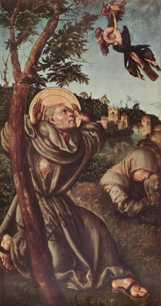 Tysk: Die Stigmatisation des hl. Franziskus Stigmatiseringen af den hellige Frans af Lucas Cranach the Elder and workshop
