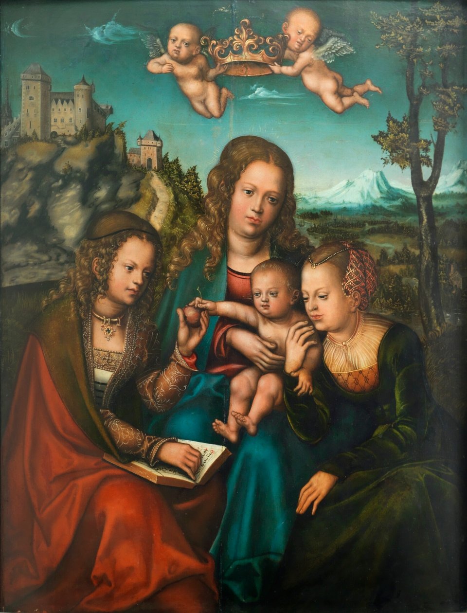 Tysk: Madonna mellem to kvindelige helgener Law og Grace af Lucas Cranach the Elder and workshop
