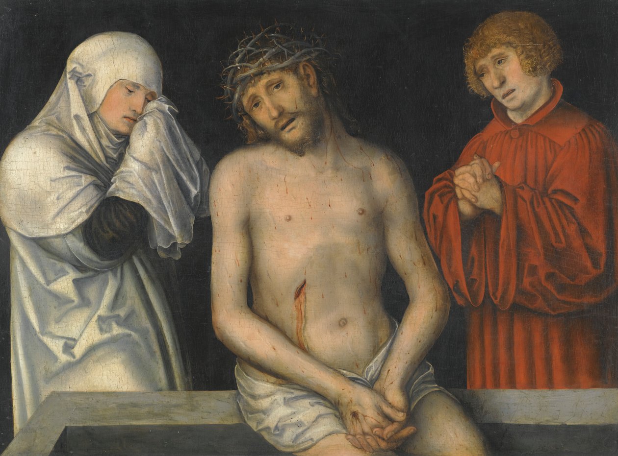 Tysk: Der Schmerzensmann zwischen Maria und Johannes Smertensmanden flankeret af Jomfru Maria og Sankt Johannes af Lucas Cranach the Younger