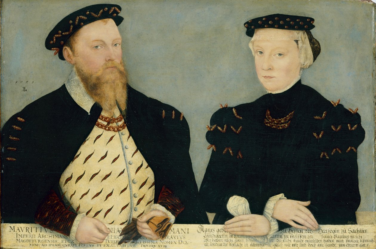 Tysk: Kurfyrste Moritz af Sachsen (1521-1553) og hans kone Agnes (1527-1555) Moritz, kurfyrste af Sachsen og hans kone Agnes af Lucas Cranach the Younger