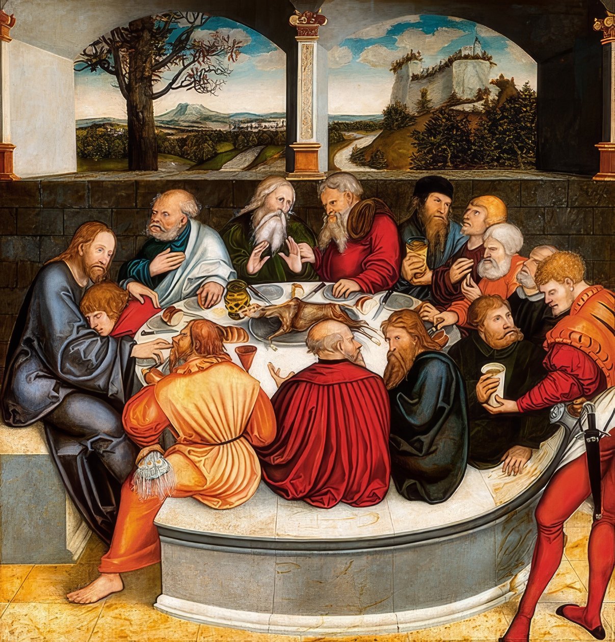 Reformationsalter, midterpanel på forsiden: Martin Luther blandt apostlene ved Herrens nadver. 1546/47 af Lucas Cranach the Younger