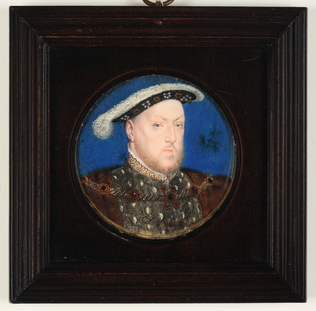 Kong Henrik VIII i en grå goublet og pelskjole (akvarel & kropsfarve på vellum) af Lucas Horenbout or Hornebault