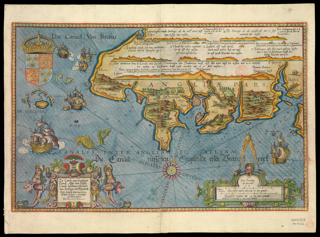 "Kort over Englands kyst med havet dekoreret med skibe og uhyrer af Lucas Janszoon Waghenaer