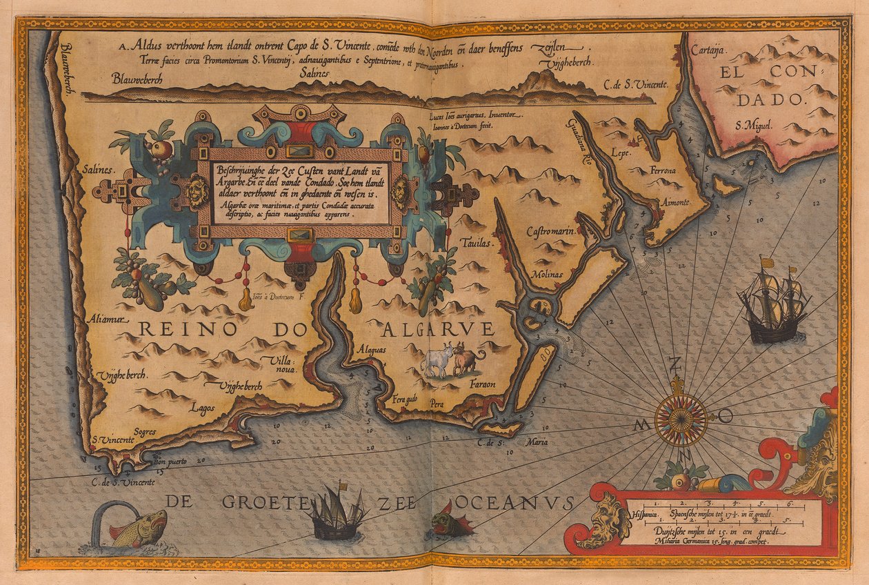 Atlas i overstørrelse med titlen "Speculum nauticum super navigatione maris occidentalis confectu, continens omnes oras maritimas Galliae, Hispaniae, and praecipuarum partium Angliae", ca. 1591 (tegning) af Lucas Janszoon Waghenaer