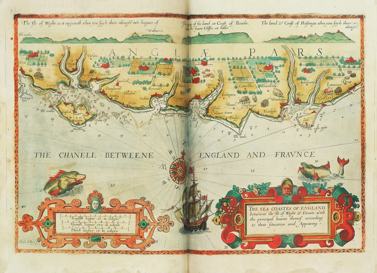 Englands kyster mellem Isle of Wight og Dover, med de vigtigste havne i henhold til deres beliggenhed og udseende, ca. 1588 (kort) af Lucas Janszoon Waghenaer