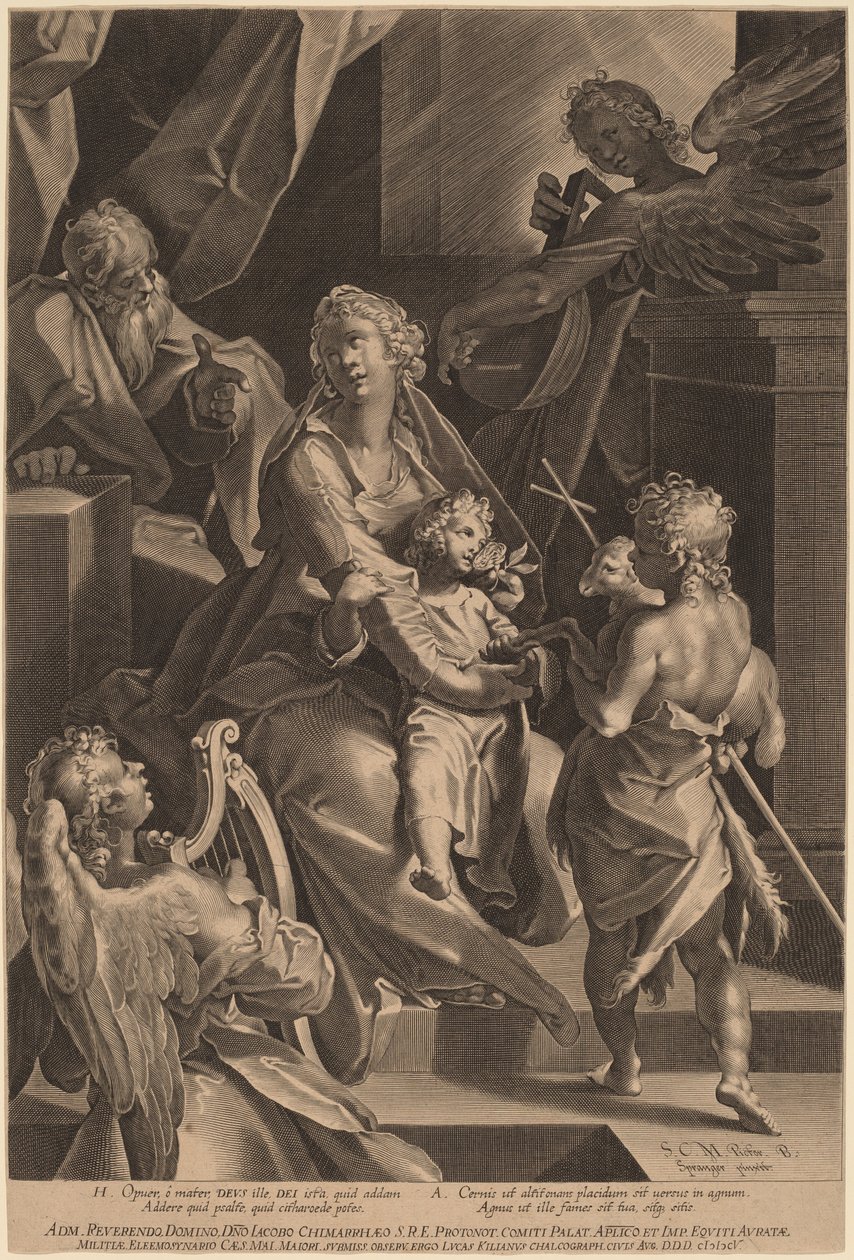 Den hellige familie og to engle af Lucas Kilian, after Bartholomaeus Spranger
