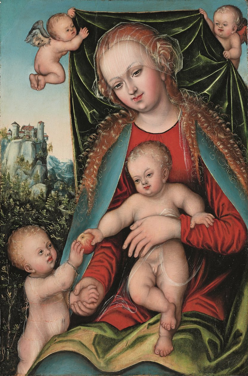 Den hellige jomfru og barnet med spædbarnet Sankt Johannes Døberen og englene, et skovlandskab med en fæstning på en klippetop bagved, ca. 1512 (olie på panel) af Lucas The Elder (studio of) Cranach