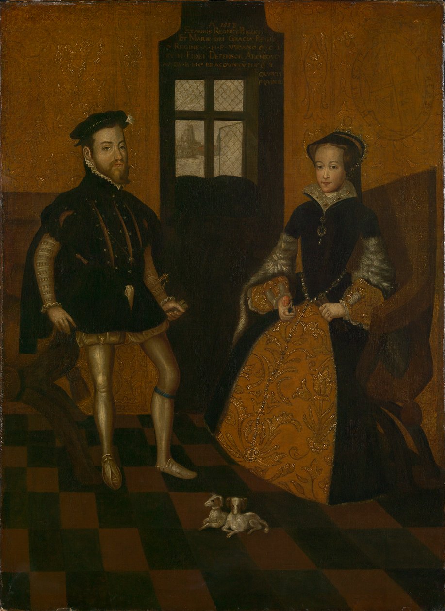 Mary I af England og Philip II af Spanien (olie på lærred) af Lucas de (after) Heere