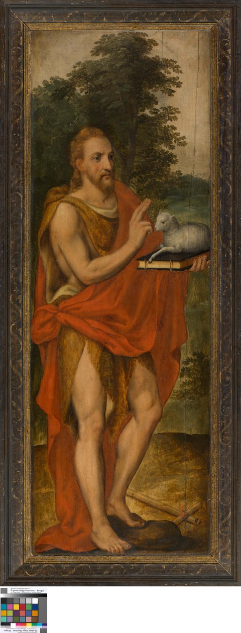 Johannes Døberen (venstre), Donor (højre), Vanitas (lukket), Lucas de Heere, Museum of Fine Arts Ghent, S-101, åbent venstre panel af Lucas de Heere