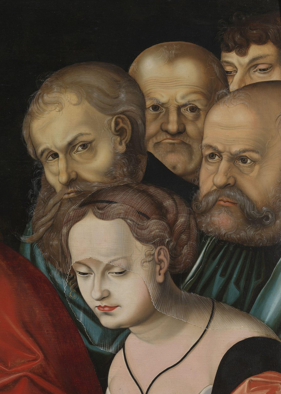 Kristus og kvinden taget i utroskab, detalje, ca. 1700 (olie på træ) af Lucas the Elder (after) Cranach