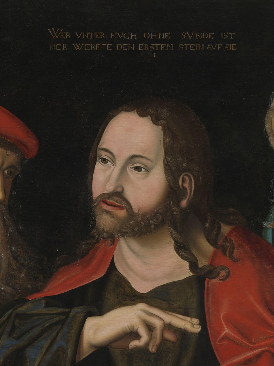 Kristus og kvinden taget i utroskab, detalje, ca. 1700 (olie på træ) af Lucas the Elder (after) Cranach