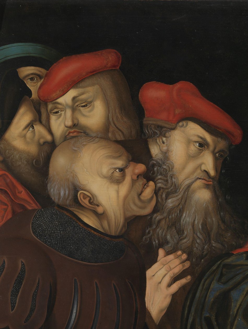 Kristus og kvinden taget i utroskab, detaljer, ca. 1700 (olie på træ) af Lucas the Elder (after) Cranach