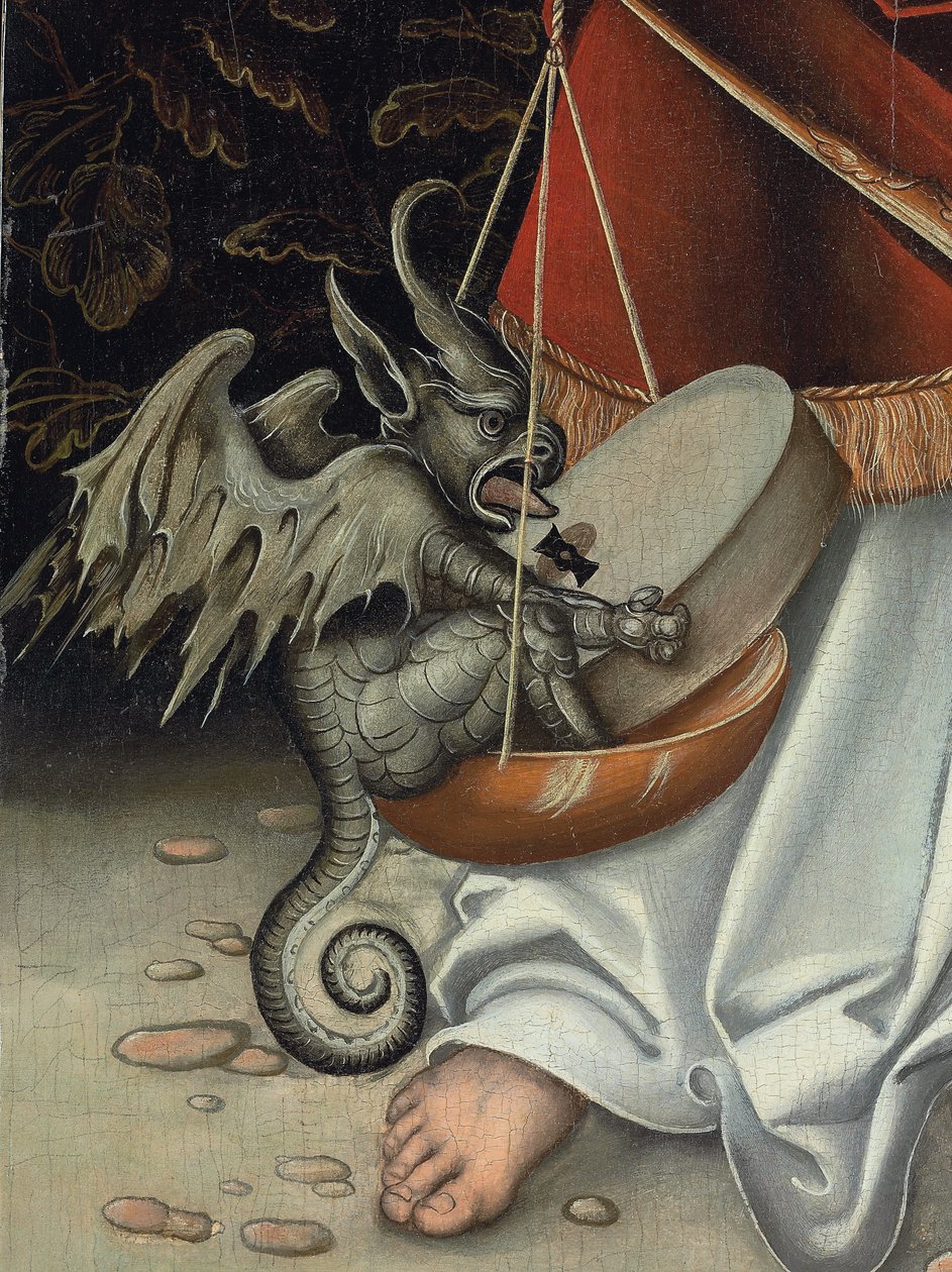 Ærkeenglen Michael, der holder retfærdighedens vægt (detalje) (olie på panel) af Lucas the Elder (workshop of) Cranach