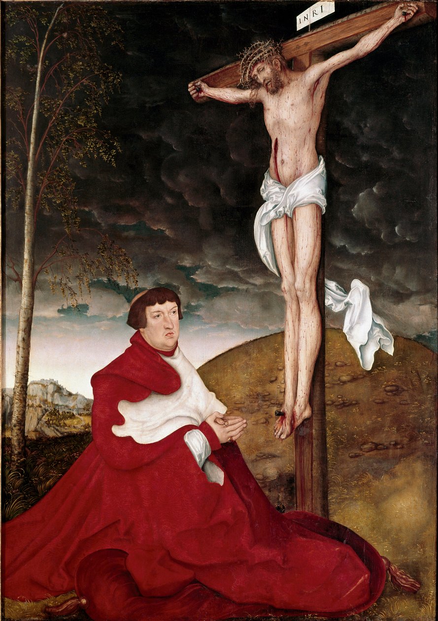 Kardinal Albert von Brandenburg tilbeder krucifiksmaleriet af Lucas Cranach den Ældre (1472-1553) af Lucas the Elder Cranach