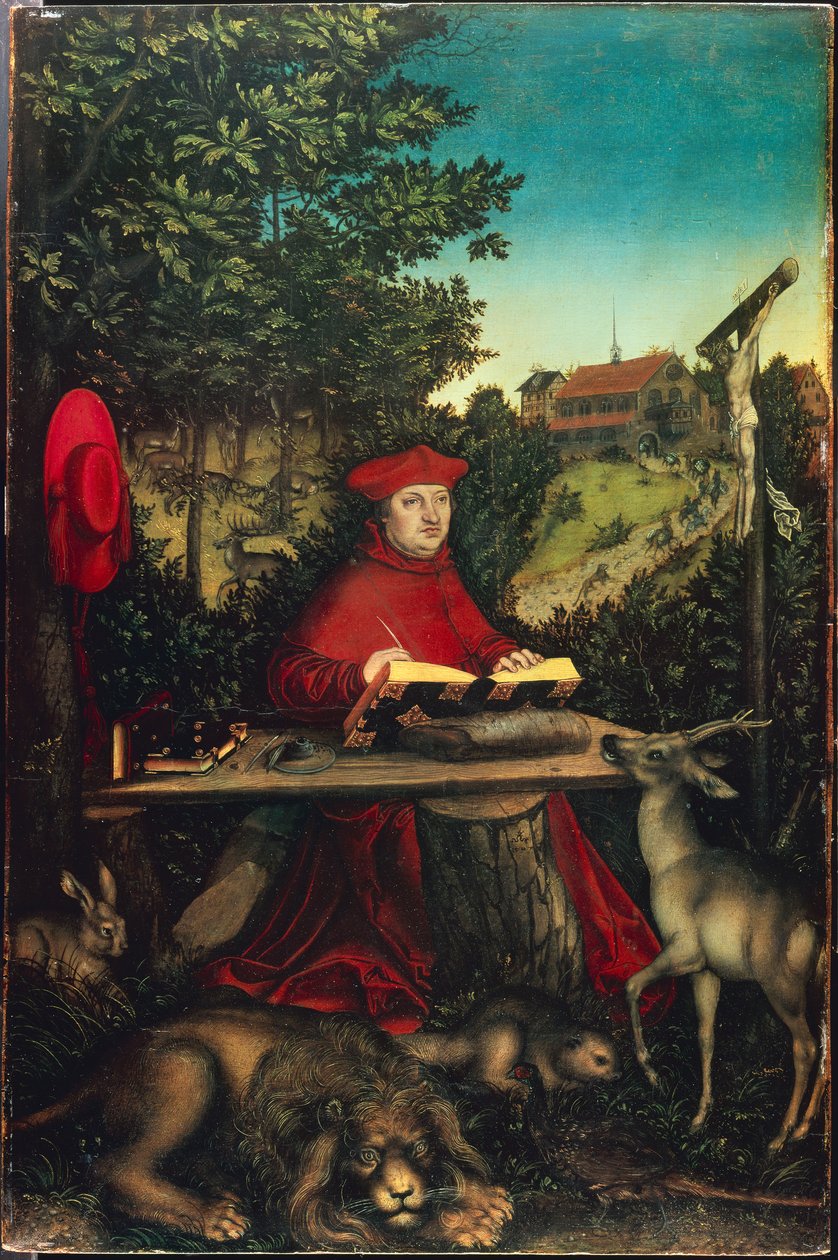 Kardinal Albrecht af Brandenburg (1490-1545) som den hellige Hieronymus af Cranach, Lucas, den ældre (1472-1553). Olie på træ af Lucas the Elder Cranach