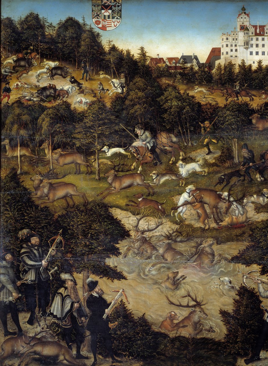 Jagt til ære for Karl V på Torgau Slot (Tyskland). Detalje. Kejseren er sandsynligvis en repræsentant nedenunder, der holder en armbrøst. Maleri af Lucas Cranach (1472-1553) af Lucas the Elder Cranach