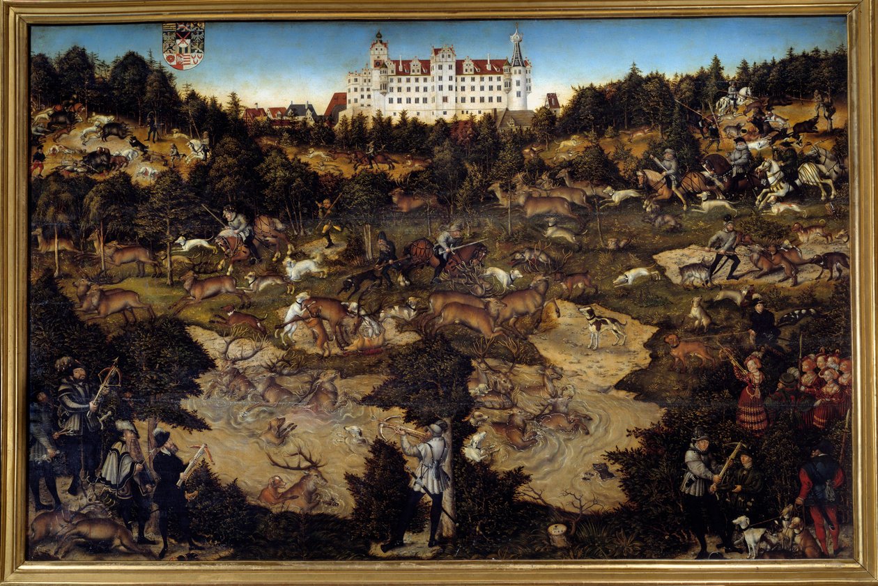 Jagt til ære for Karl V på Torgau Slot (Tyskland). Maleri af Lucas Cranach den Ældre (1472-1553) af Lucas the Elder Cranach