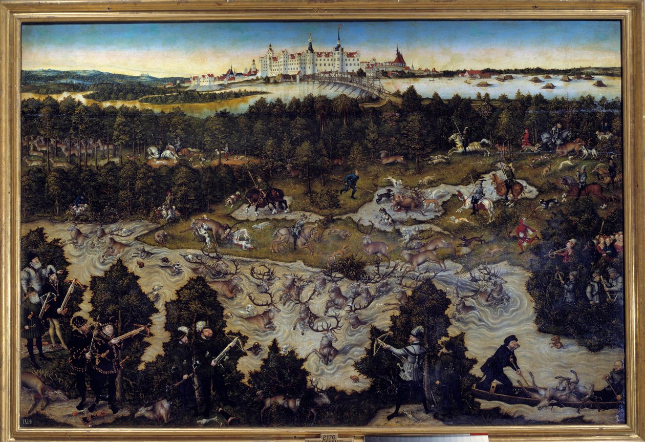 Jagt til ære for Karl V på Torgau Slot i Tyskland Maleri af Lucas Cranach den Ældre (1472-1553) 1544. Madrid. Musee Du Prado - Jagt til ære for Charles V på slottet Torgau i Tyskland. Maleri af Lucas Cranach den ældre (1472-1553) 1544. P af Lucas the Elder Cranach