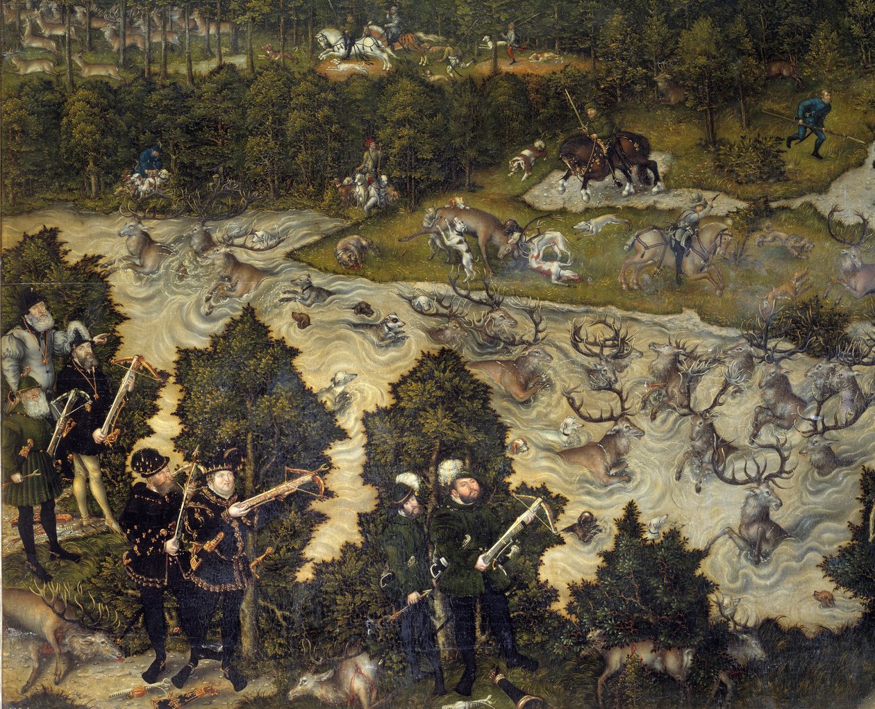 Jagt til ære for Charles V på Torgau Castle i Tyskland er kejseren sandsynligvis repræsentativ til venstre. Detalje. Maleri af Lucas Cranach den ældre (1472-1553). 16. århundrede. Madrid. Prado Museum af Lucas the Elder Cranach