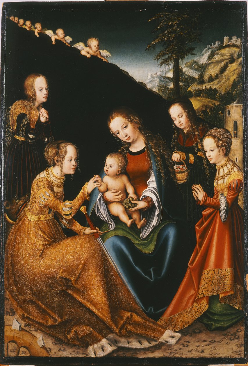 Det mystiske ægteskab mellem Saint Catherine af Alexandria og Saint Dorothee, Saint Margaret og Saint Barbara - Det mystiske ægteskab mellem Saint Catherine of Alexandria og Saints Dorothy, Margaret and Barbara, af Cranach, Lucas, den ældre (1472-1553). Ol af Lucas the Elder Cranach