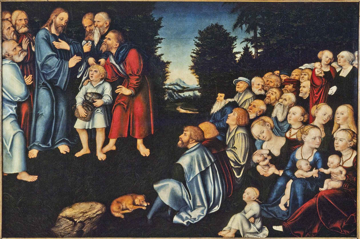 La multiplication des pains - Miraklet med de fem brød og to fisk, af Cranach, Lucas, den ældre (1472-1553). Olie på træ. Mål: 82x120 cm. Nationalmuseum Stockholm af Lucas the Elder Cranach