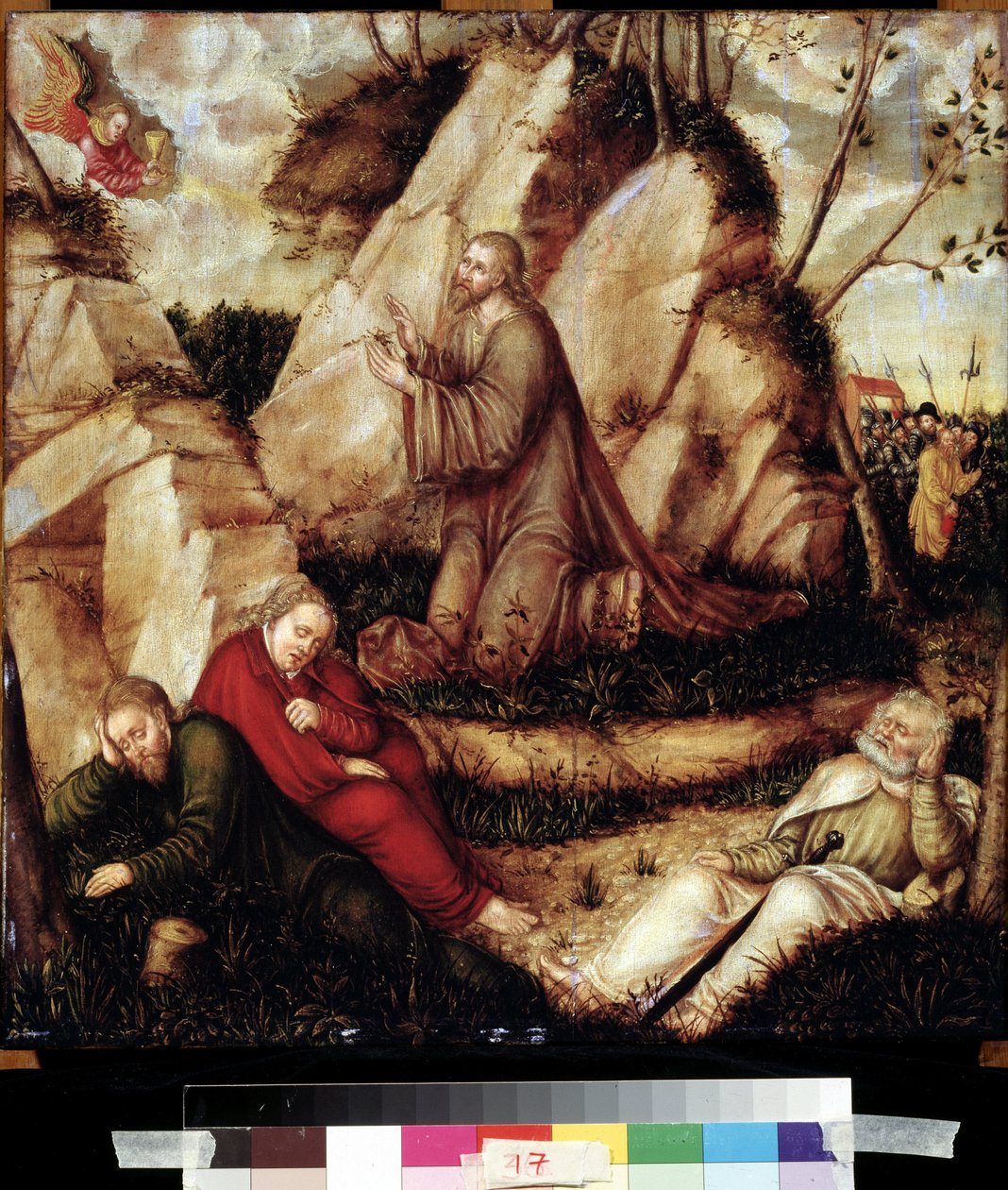 ""Bøn i Olivenhaven"" (Kvale i haven) Efter den sidste nadver går Kristus til Getsemane-højen, som dominerer Jerusalem med apostlene. De romerske soldater hjælpere til Judas nærmer sig for at arrestere ham. Maleri på træ fra L af Lucas the Elder Cranach