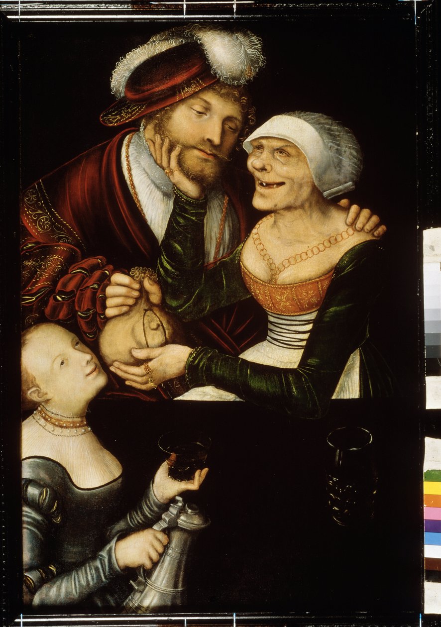""The Procure"" (The procuress) En tandløs gammel alfons tager en klients pung i bytte for et interview med en prostitueret. Maleri af Lucas Cranach den ældre (1472-1553) omkring 1530 State Georgian Art Museum, Tiflis (Tbilisi) Georgia af Lucas the Elder Cranach