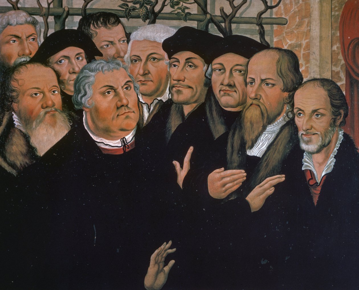 Martin Luther med repræsentanter for den protestantiske reformation, til højre Melanchthon, i centrum af Erasmus af Rotterdam, detalje fra Lazarus opstandelse, maleri af Lucas Cranach Elder (1472-1553) af Lucas the Elder Cranach