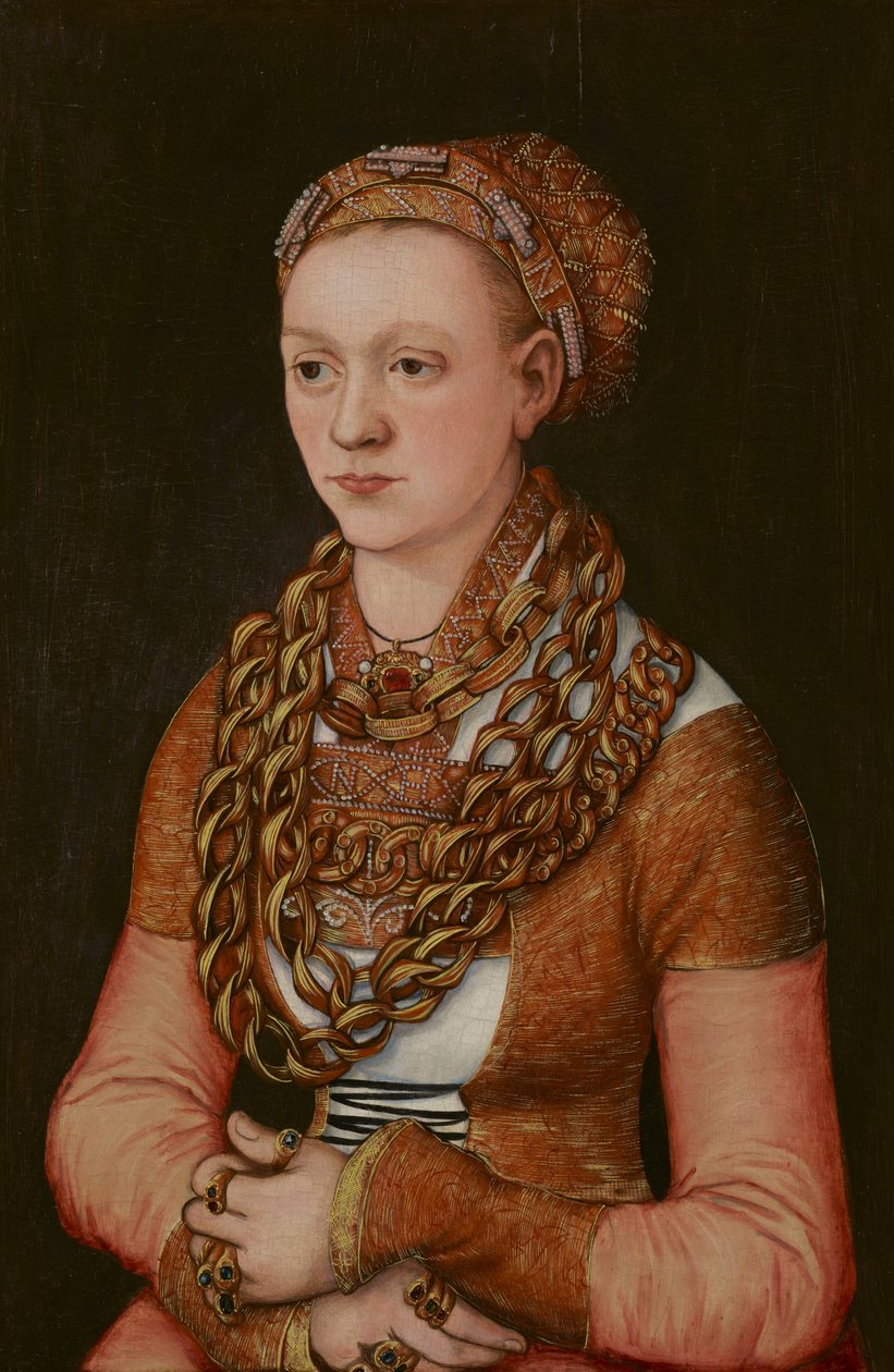 Portræt af Anna Buchner, født Lindacker, ca. 1520 (olie på panel) (se også 3710993) af Lucas the Elder Cranach