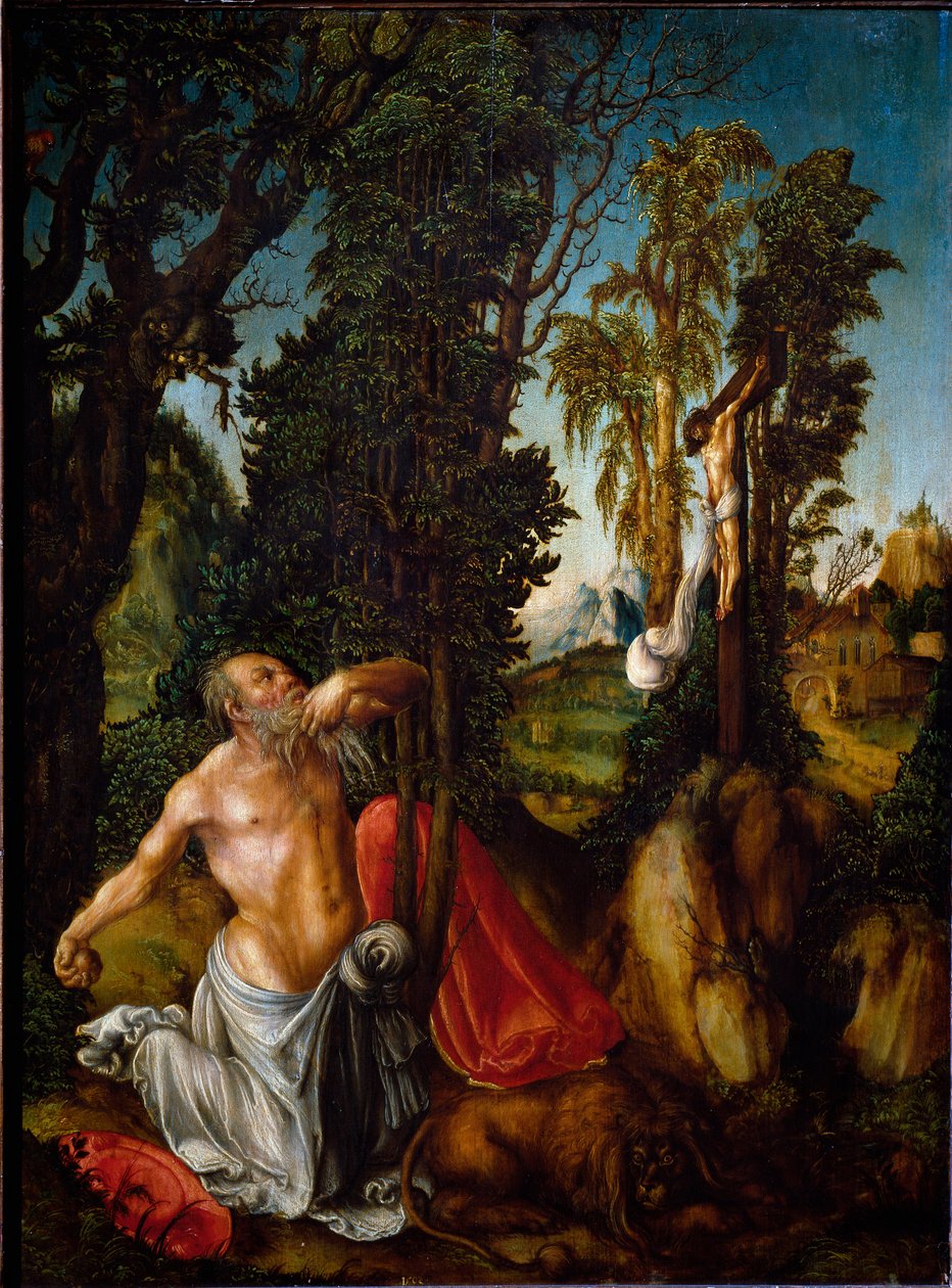 Sankt Hieronymus i anger Maleri af Lucas Cranach den Ældre (1472-1553) 1502 Søn. 55,5x41,5 cm Wien, Kunsthistorisches Museum af Lucas the Elder Cranach