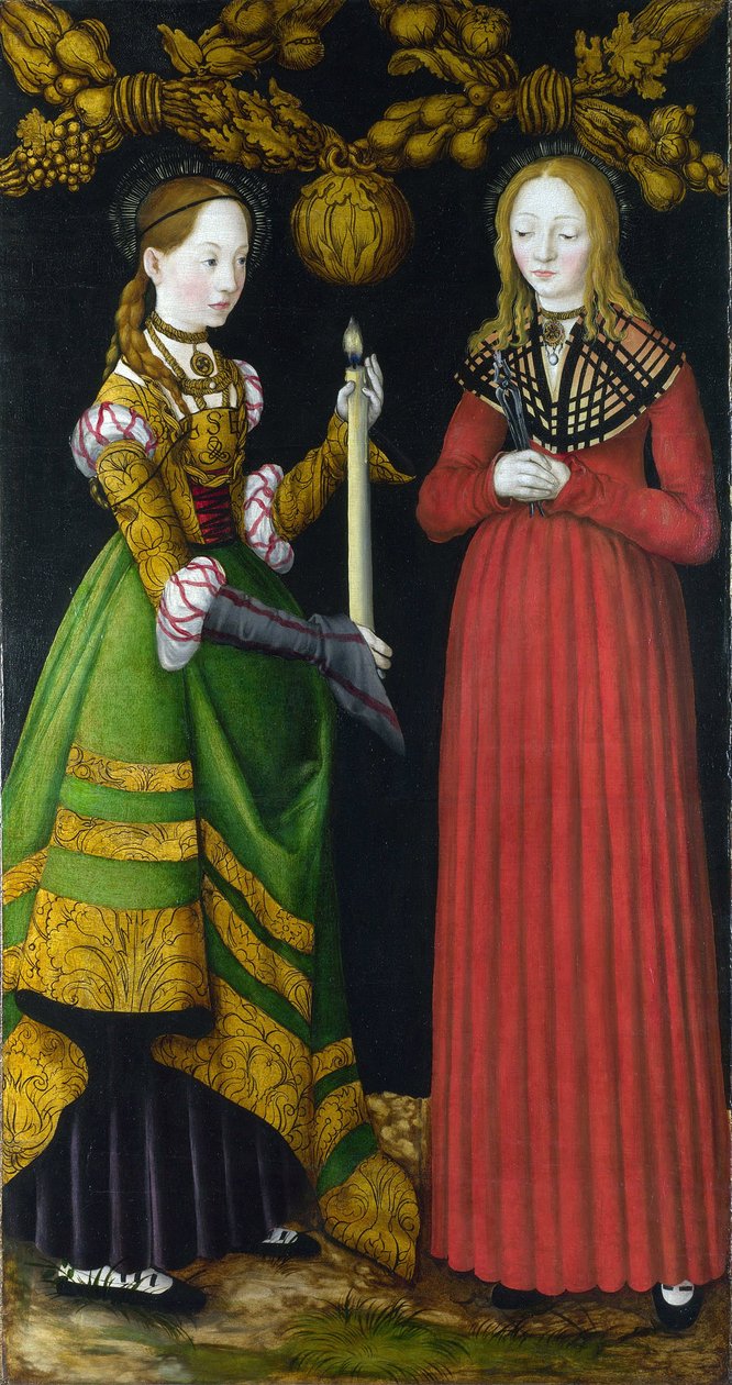 Saint Genevieve og Saint Apolline (eller Apollonia) (Saints Genevieve og Apollonia). Saint Genevieve (423-502 eller 512), protektor for byen Paris. Sankt Apollonia (eller Apollonia) af Alexandria (død 249), martyr og protektor for tandlæger. Maling af af Lucas the Elder Cranach