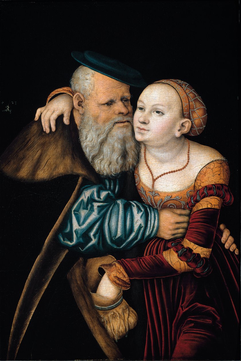 Det uoverensstemmende par (olie på panel af Lucas the Elder Cranach