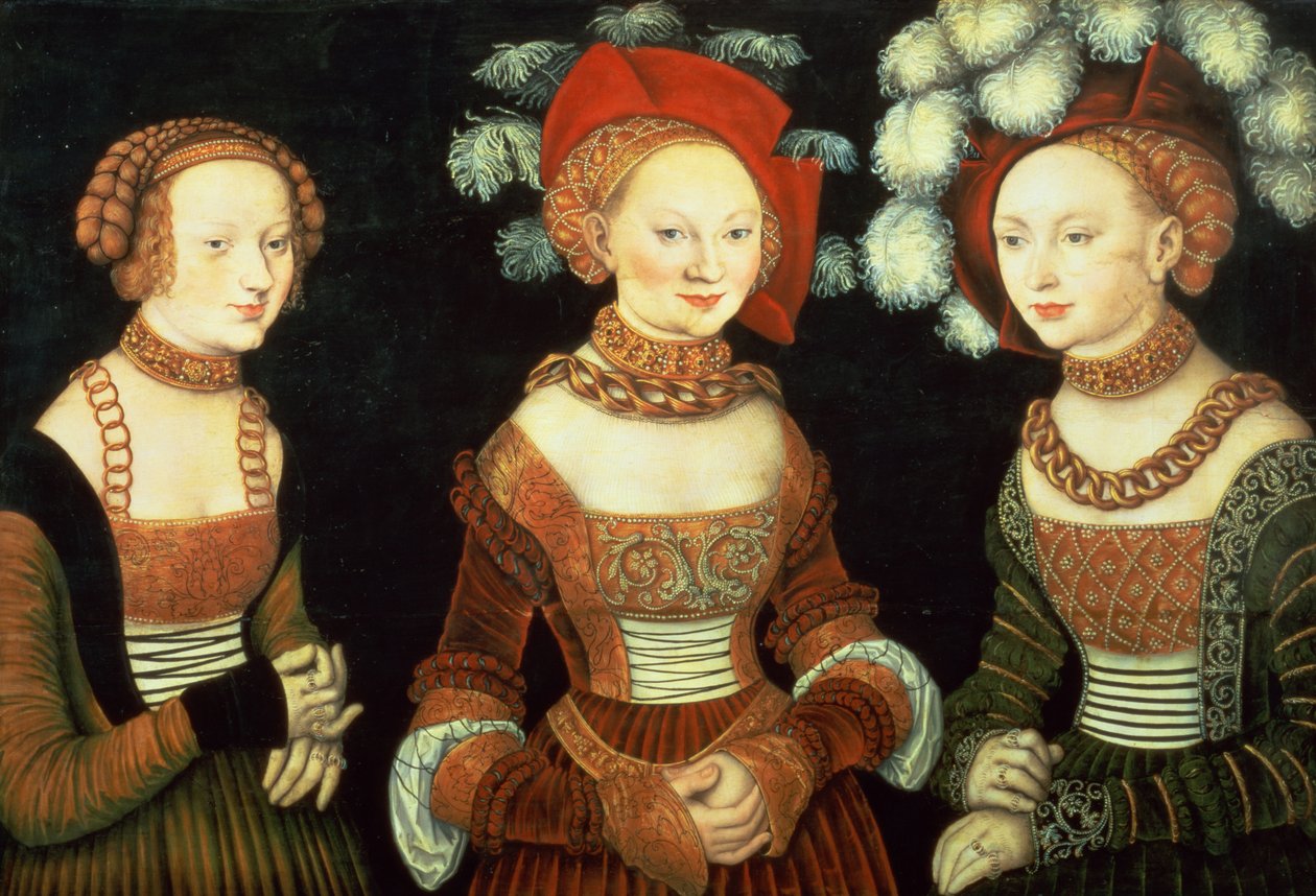 Tre prinsesser af Sachsen, Sibylla (1515-92), Emilia (1516-91) og Sidonia (1518-75), døtre af hertug Heinrich af Frommen, ca. 1535 (panel) af Lucas the Elder Cranach