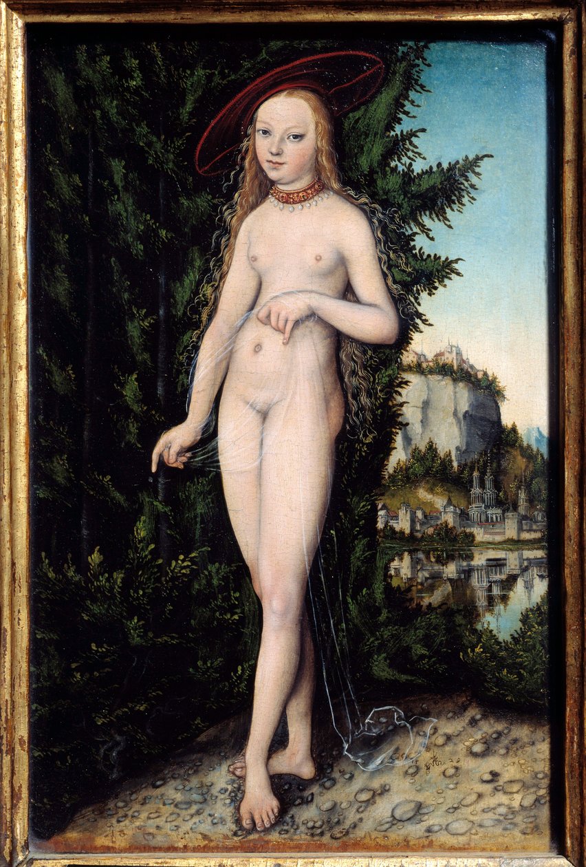 Venus står i et landskabsmaleri af Lucas Cranach den ældre (1472-1553) 1529, Olie på træ, Dim. 0,38x0,25 m - Venus står i et landskab. Maleri af Lucas Cranach den Ældre (1472-1553) af Lucas the Elder Cranach