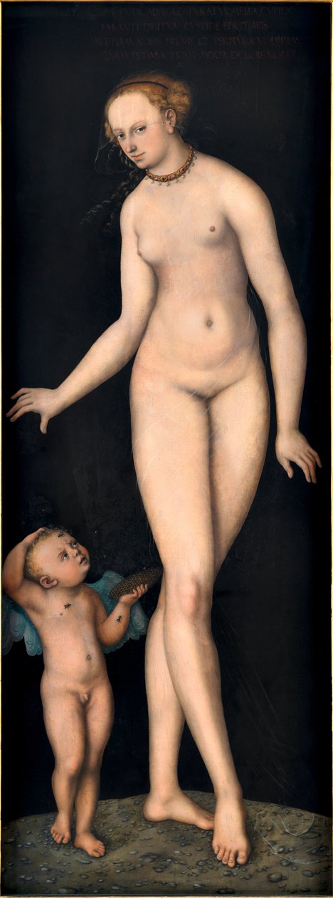 Venus med Amor, honningtyven, af Cranach, Lucas, den ældre (1472-1553). Olie på træ, efter 1537. Mål: 175,4x66,3 cm. Germanisches Nationalmuseum, Nürnberg af Lucas the Elder Cranach