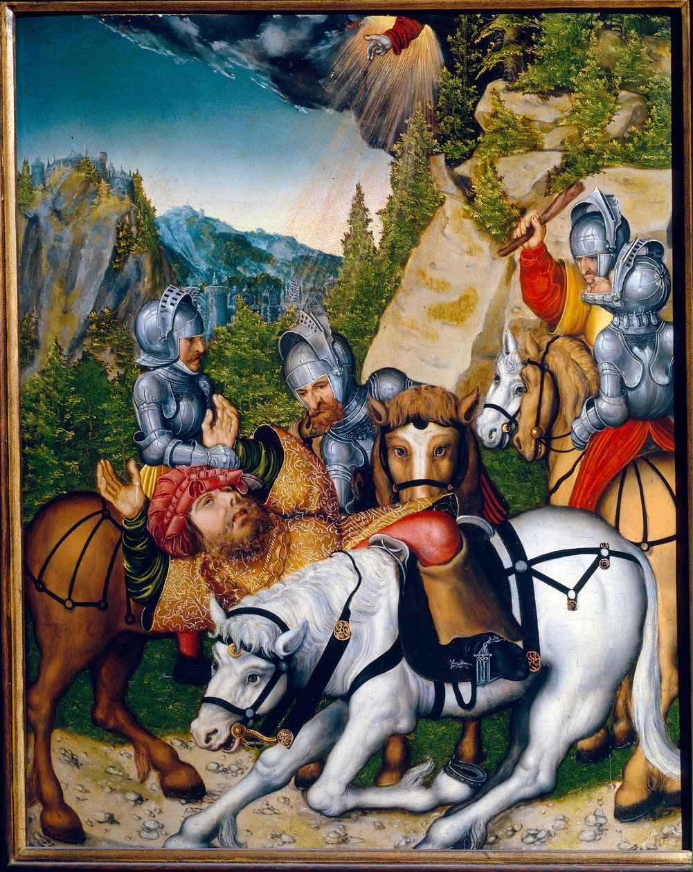 Konvertering på vejen til Damaskus (Syrien). (Omvendelsen på vej til Damaskus). Sankt Paulus (Saul) af Tarsus (ca. 8-c. 67). Maleri af Lucas Cranach den Yngre (1515-1586), olie på træ. tysk kunst af Lucas the Younger Cranach