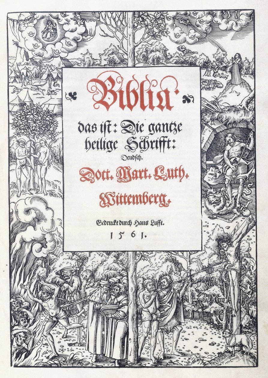 Title page, with a fine pictorial border from "Biblia, das ist: Die gantze heilige Schrifft: Deudsch", translated by Martin Luther, 1560-1561dani af Lucas the Younger Cranach