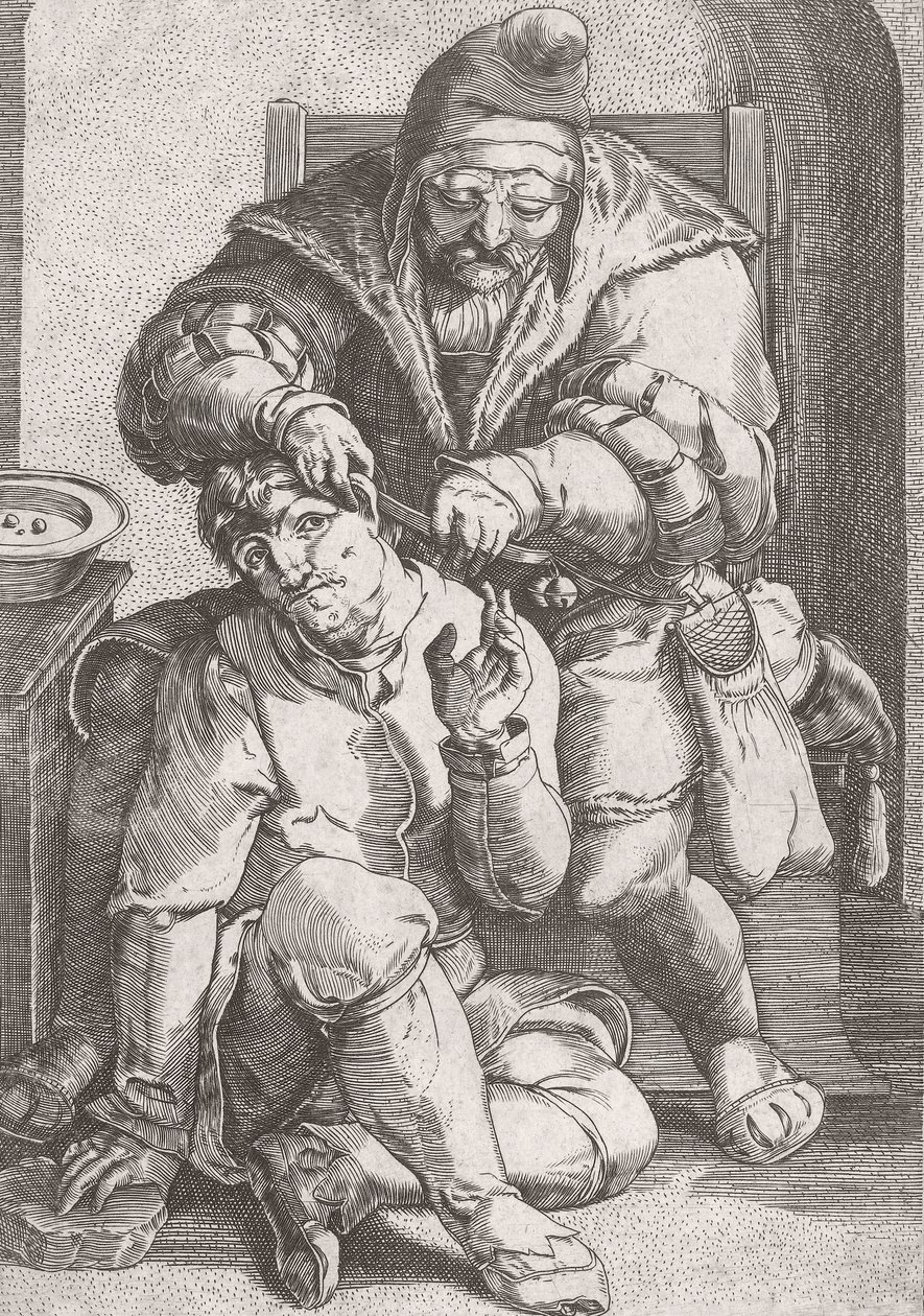 Frisørkirurg fra det 17. århundrede, der passer på en patients øre. af Lucas van (after) Leyden