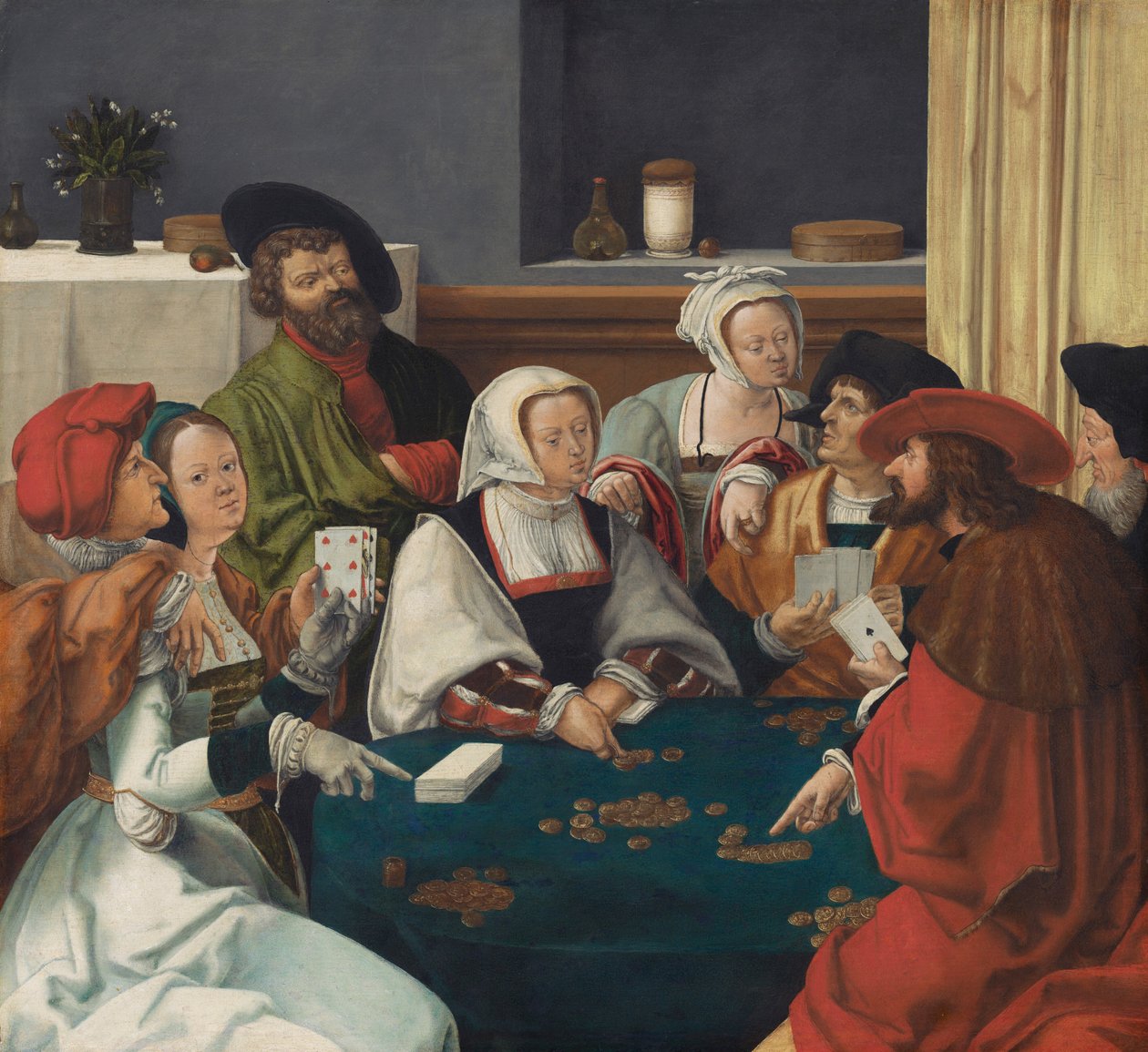 Kortspillerne, sandsynligvis ca. 1550-99 (olie på lærred) af Lucas van (after) Leyden