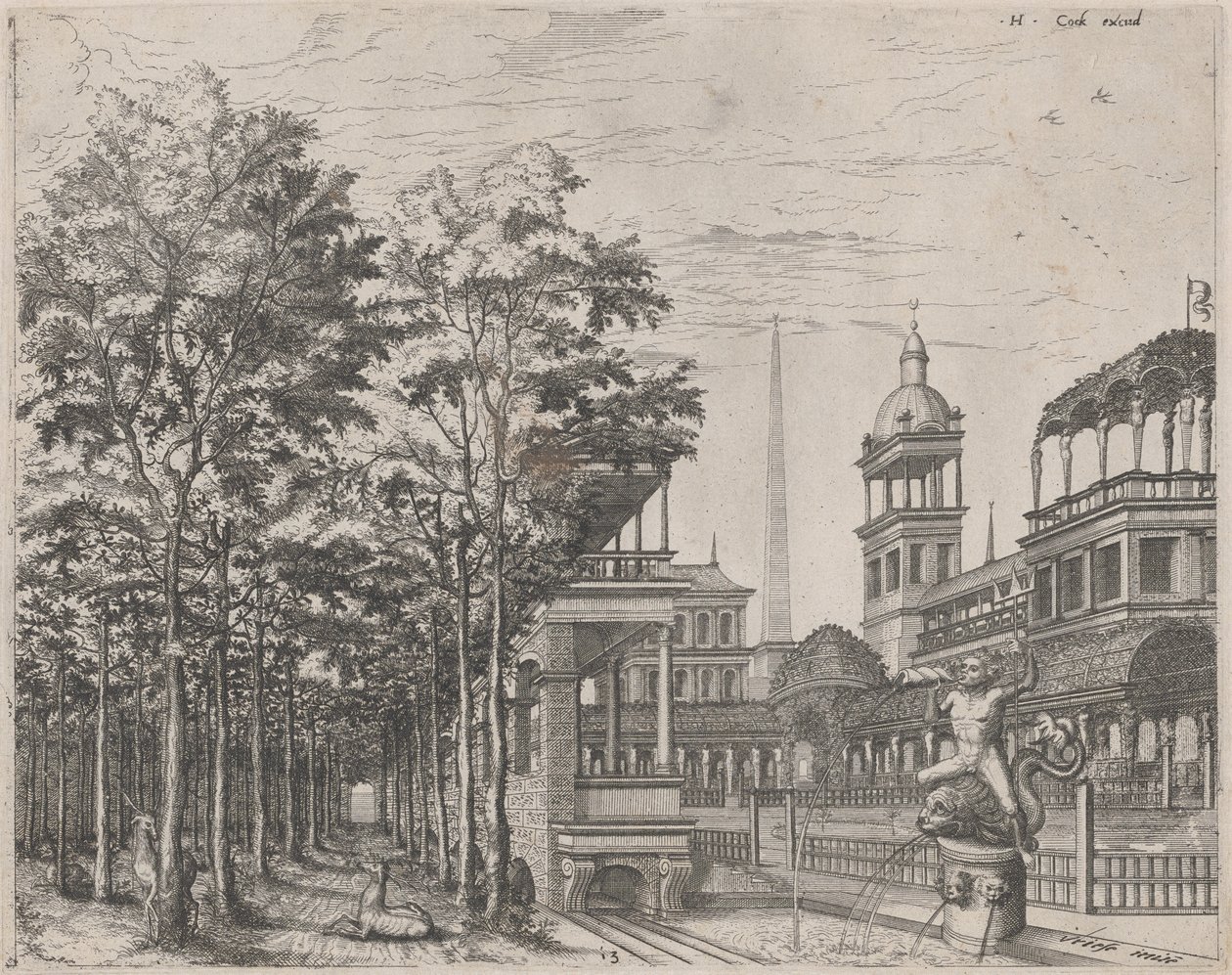 Landskab med træer, to hjorte og en paladsgård af Lucas van Doetechum and Johannes