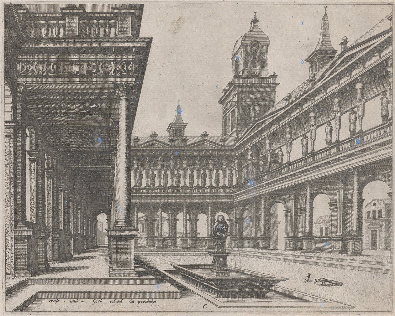 Palace Courtyard med springvand i et rektangulært bassin af Lucas van Doetechum and Johannes