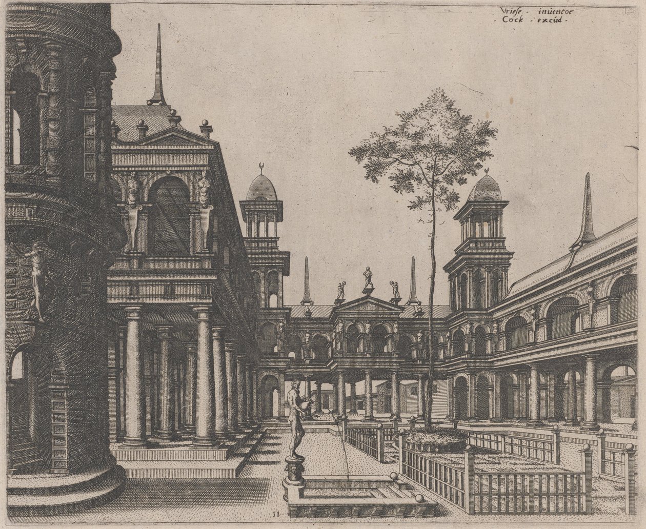 Firkant med en cirkulær bygning til venstre og en obelisk i baggrunden af Lucas van Doetechum and Johannes